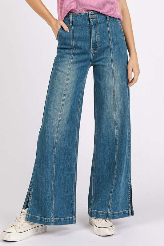 Women's Juniors Medium Wash Seam Detail Wide Leg Denim Jeans - Cute Clothes Online - In Style Chics Boutique