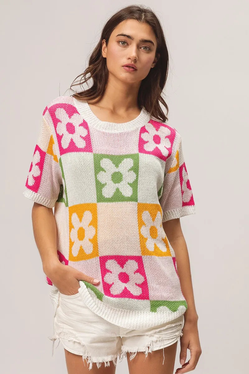 Sweater Top, Flower Checker Pattern Lightweight In Style Chics Boutique Where to buy stylish women’s clothes
