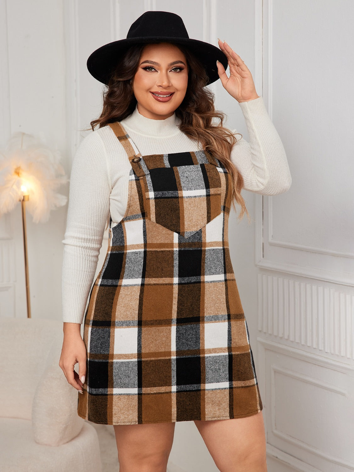 Honey Plus Size Plaid Wide Strap Overall Dress - In Style Chics Boutique LLC