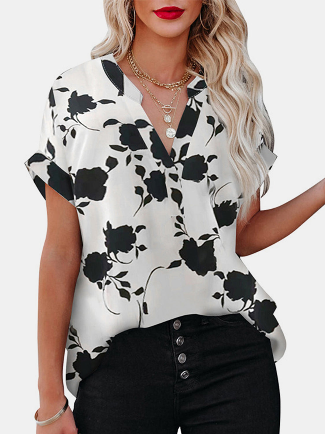 Full Size Printed Notched Short Sleeve Blouse - In Style Chics Boutique LLC