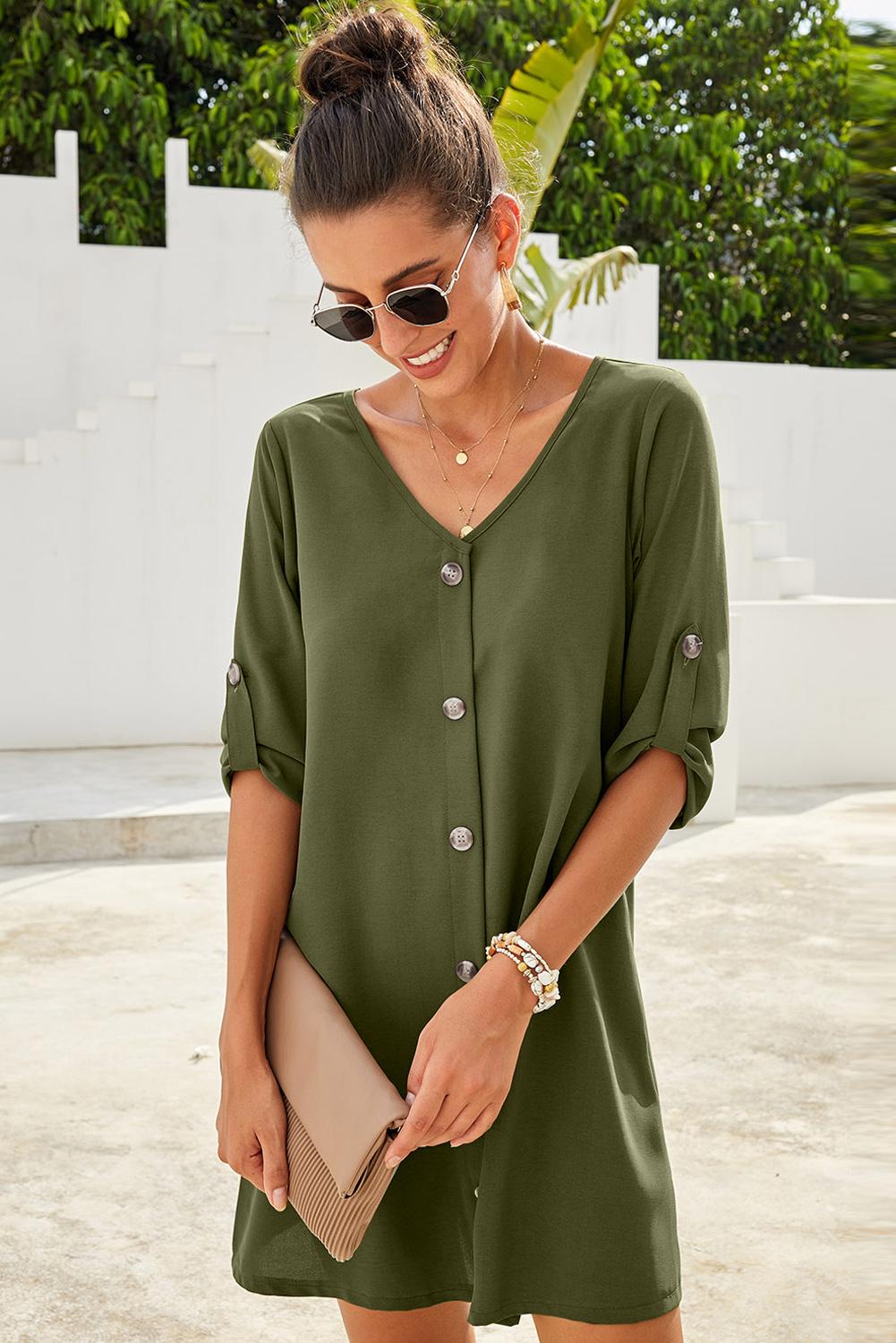 Buttoned V-Neck Dress - In Style Chics Boutique LLC