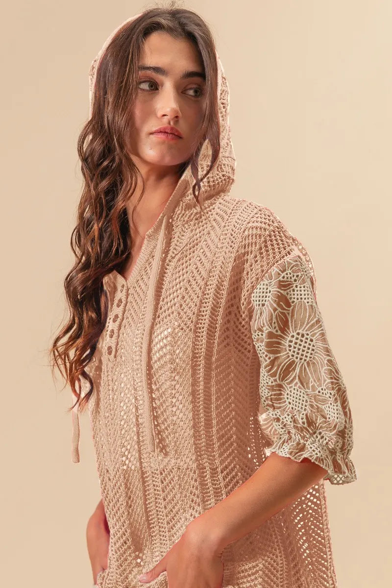 Jacquard Flower Puff Sleeve Hooded Knit Top at In Style Chics Boutique