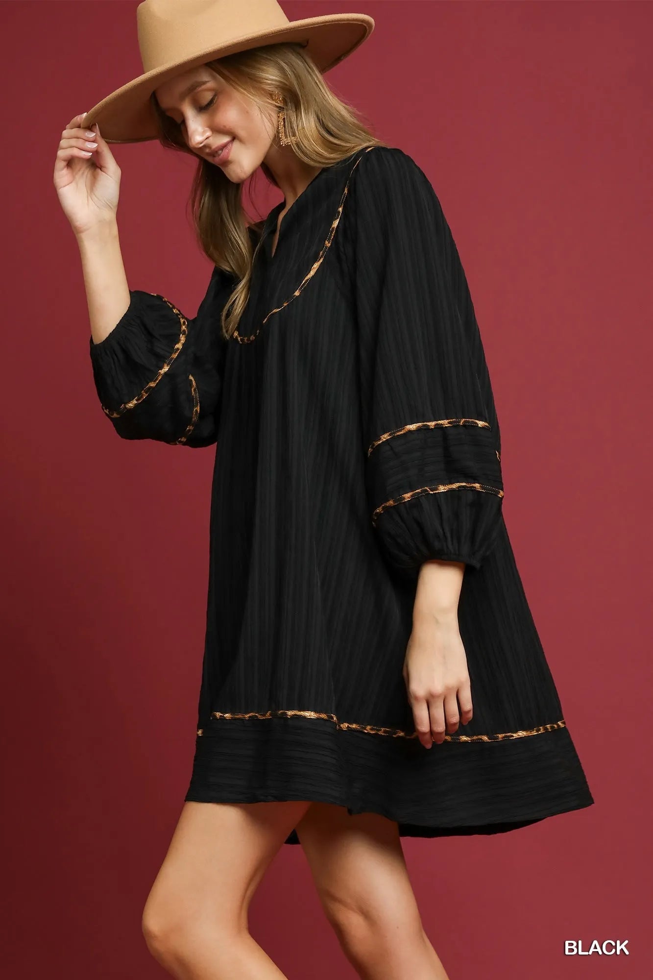 Textured Babydoll Dress with Leopard Trim at In Style Chics Boutique