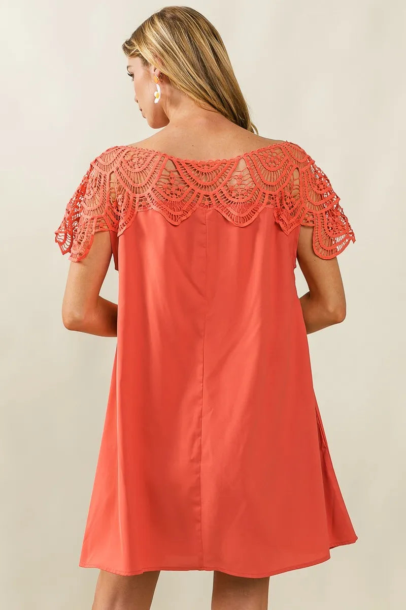 Crochet Lace Yoke Detailed Wrinkled Dress - In Style Chics Boutique Women's Juniors Clothes