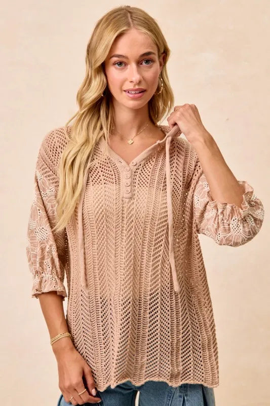 Jacquard Flower Puff Sleeve Hooded Knit Top at In Style Chics Boutique
