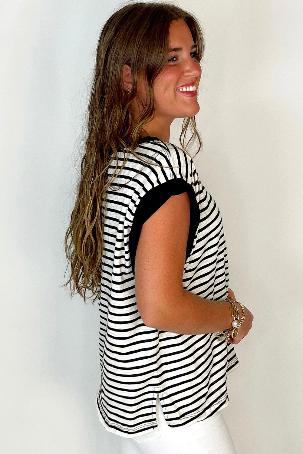 Black Stripe Chest Pocket Patch Round Neck Sleeveless Tee - Cute Clothes for Spring Summer - In Style Chics Boutique Women's Juniors Apparel Online
