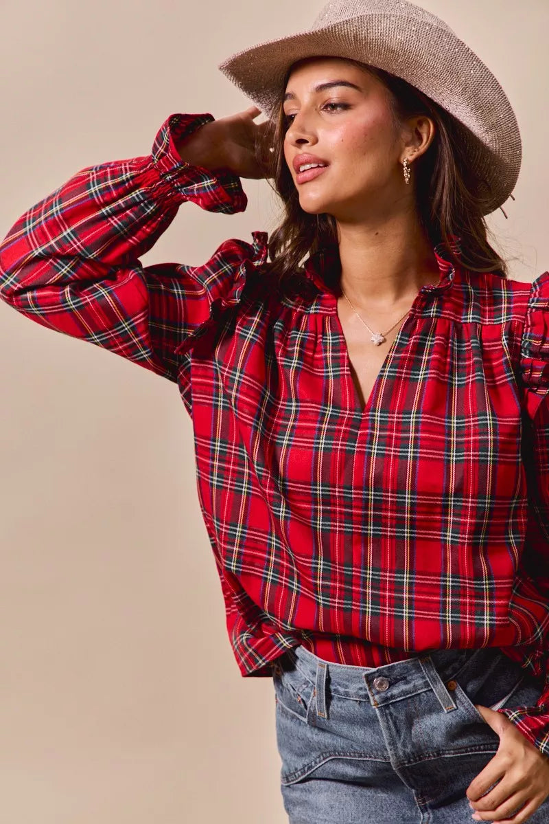 Christmas Checkered Plaid Smocked ♥️ Blouse at In Style Chics Boutique