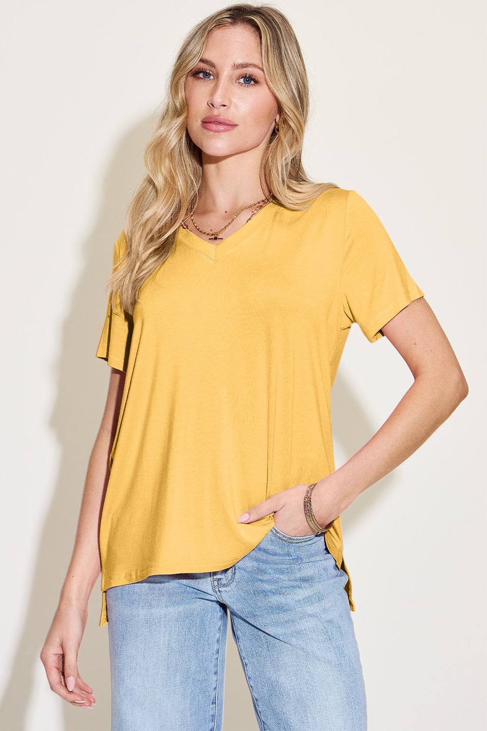 Basic Bae Bamboo Full Size V-Neck High-Low T-Shirt - In Style Chics Boutique LLC