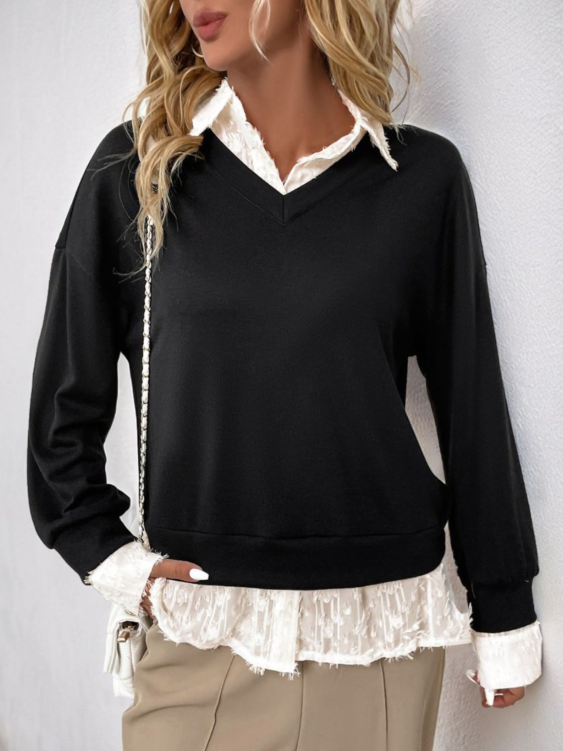 Perfee Faux Layered Contrast Long Sleeve Sweatshirt - In Style Chics Boutique LLC
