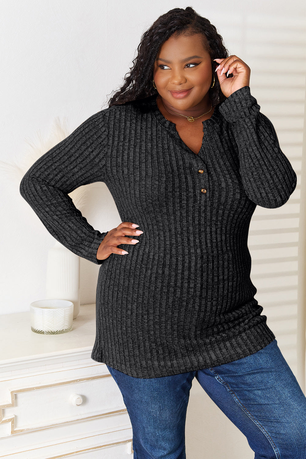 Notched Neck Ribbed Long Sleeve T-Shirt - In Style Chics Boutique Online Clothing Women's Juniors Plus Size