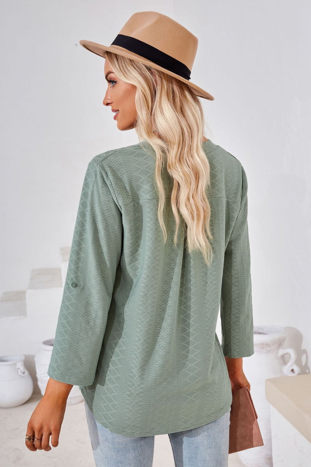 V-Neck Roll-Tap Sleeve Blouse - In Style Chics Boutique LLC
