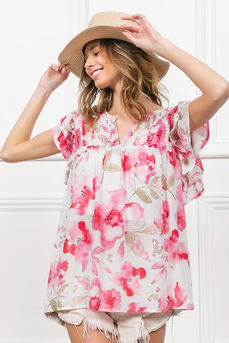 Floral Print Flutter Sheer Top at In Style Chics Boutique