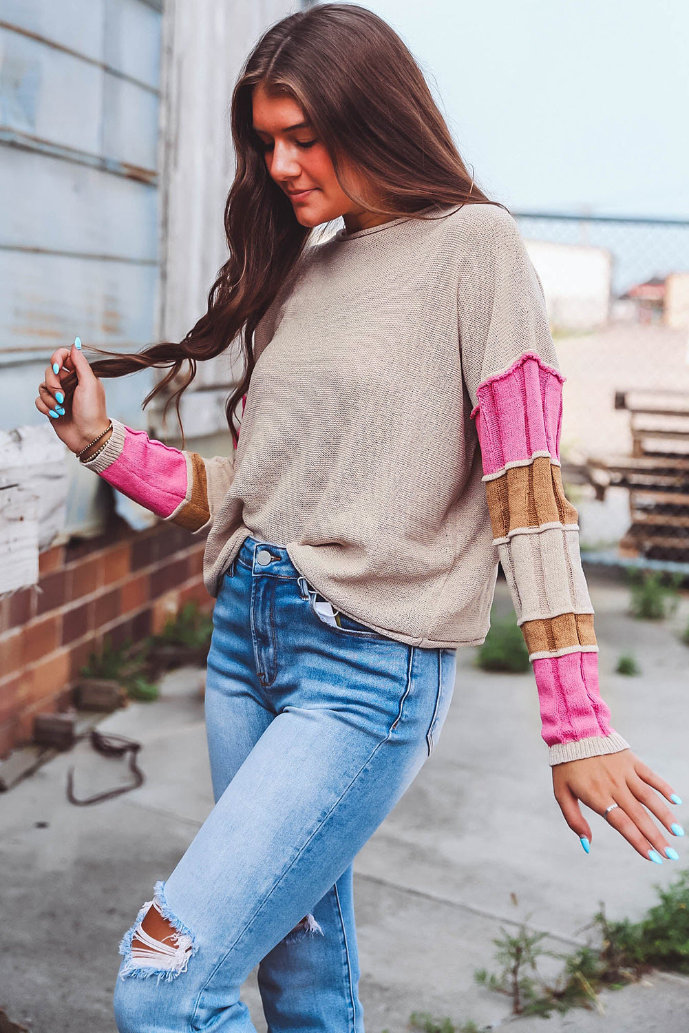 Simply Taupe Exposed Seam Patchwork Sleeve Round Neck Sweater - In Style Chics Boutique LLC