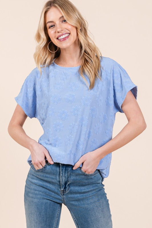 BOMBOM Textured Floral Pattern Short Sleeve T-Shirt - Made in USA - Cute Clothes Online - In Style Chics Boutique Women's Juniors Apparel