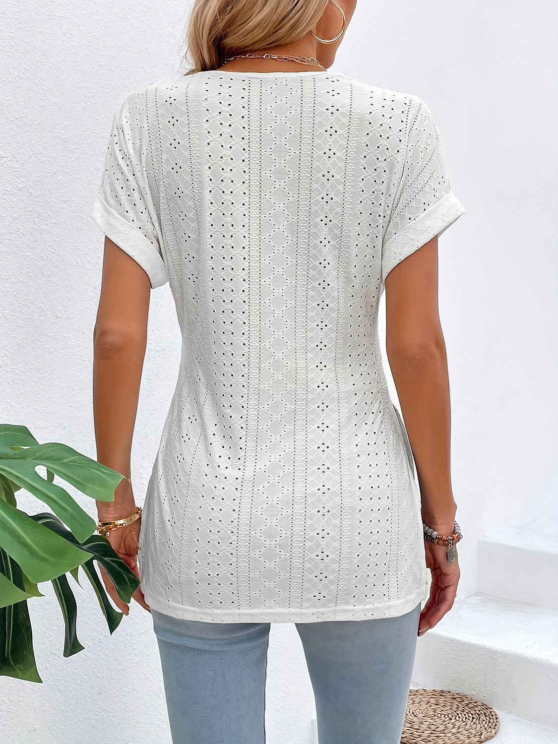 Slit Eyelet V-Neck Short Sleeve Blouse - More Colors! - In Style Chics Boutique LLC