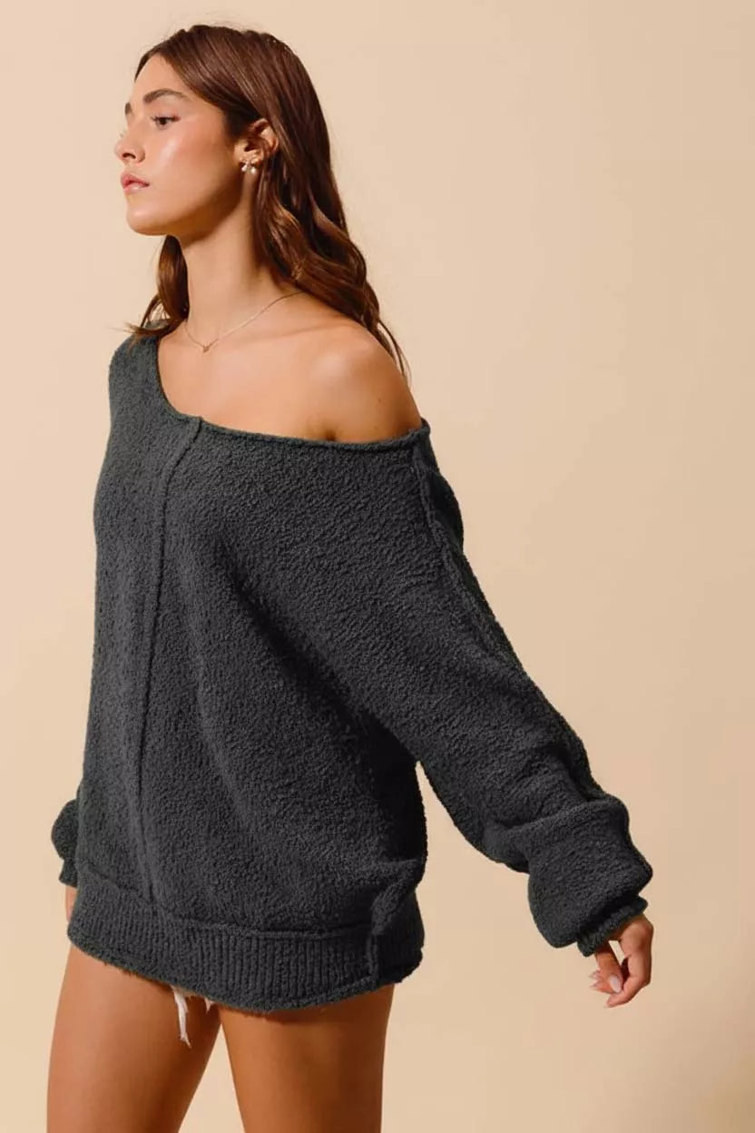 Loose Fit Exposed Seam Slouchy Boucle Sweater 🩶 at In Style Chics Boutique