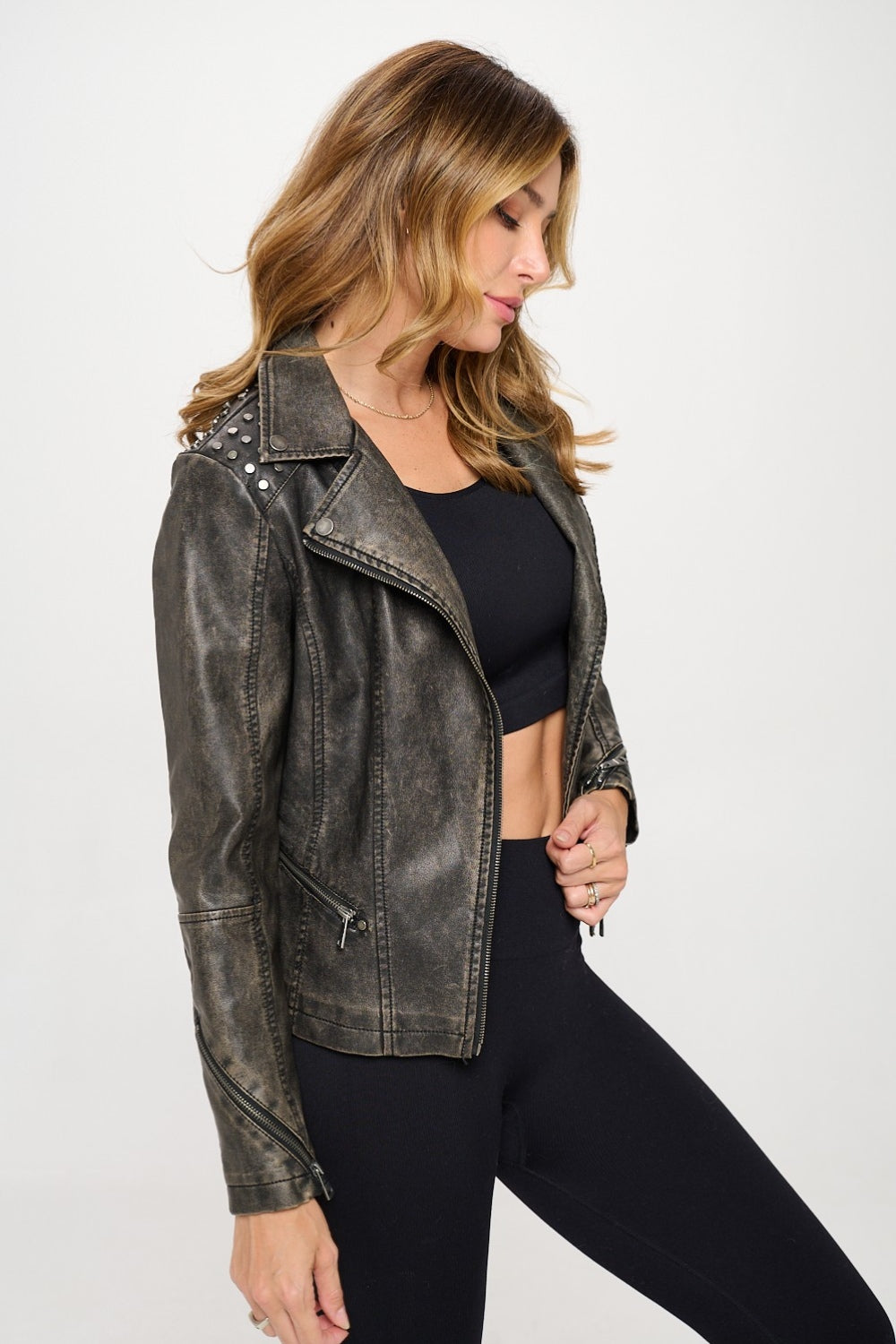 Coalition LA Studded Classic Moto Faux Leather Jacket - In Style Chics Boutique LLC