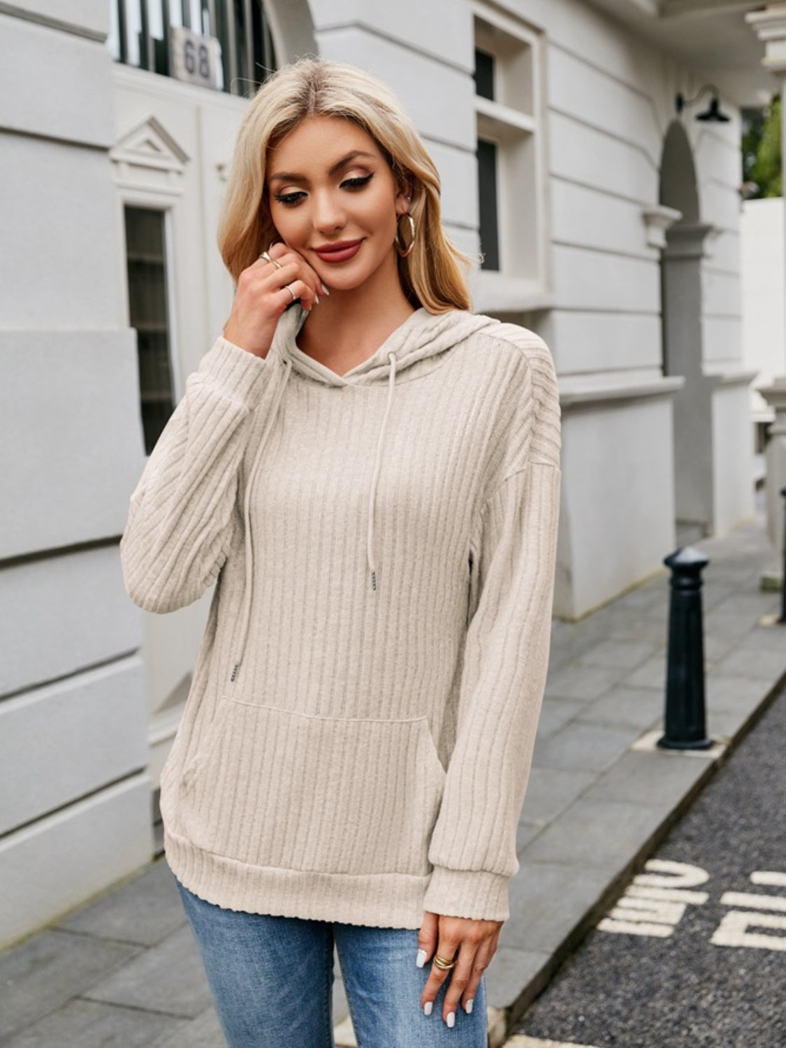 Ribbed Drawstring Long Sleeve Hoodie - In Style Chics Boutique LLC