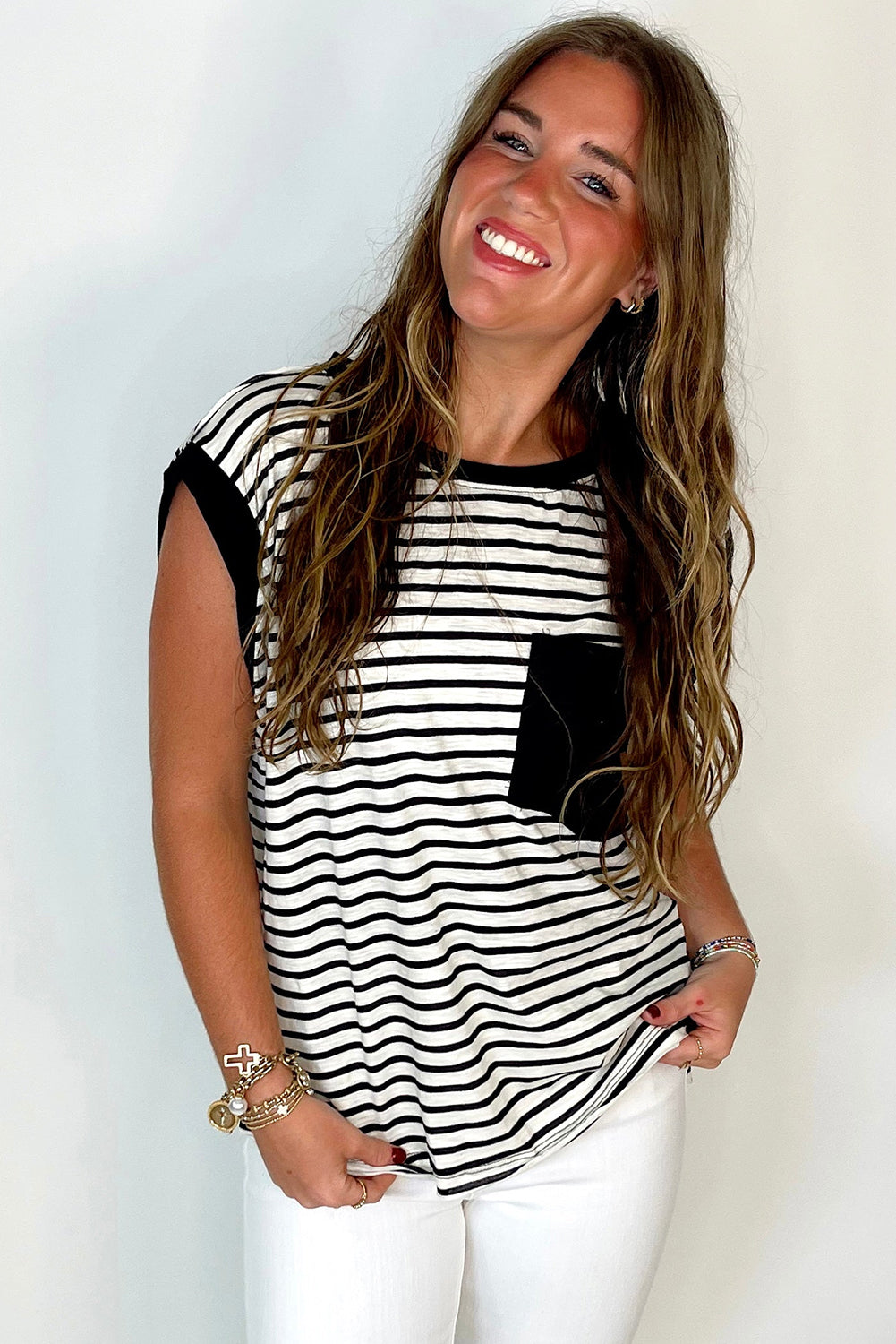 Black Stripe Chest Pocket Patch Round Neck Sleeveless Tee - Cute Clothes for Spring Summer - In Style Chics Boutique Women's Juniors Apparel Online