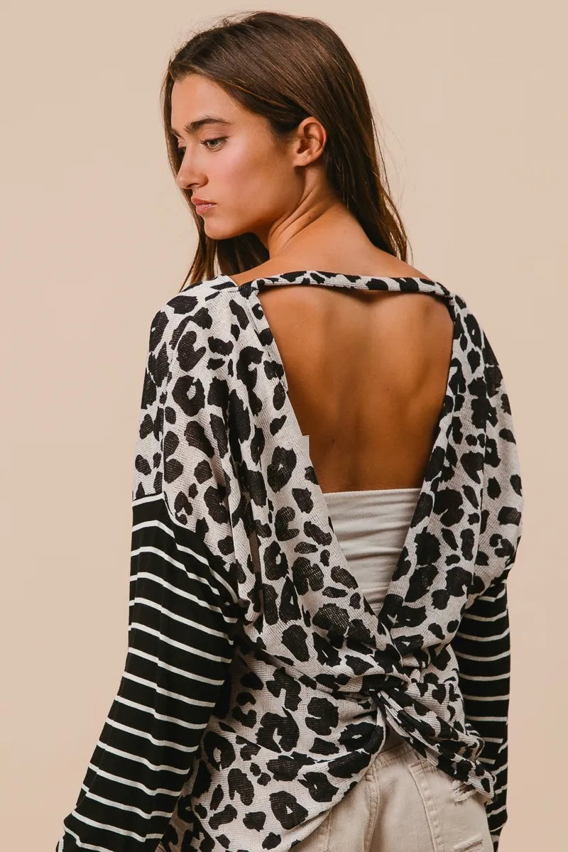 Leopard Hacci Knit Twist Back Top With Stripe Sleeve, In Style Chics Boutique