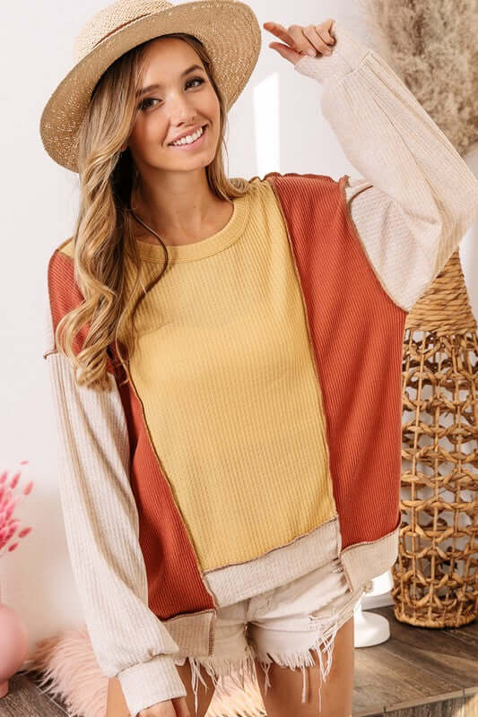 BiBi Waffle-Knit Exposed Seam Color Block Uneven Hem Top - Cute Clothing Online - In Style Chics Boutique Women's Juniors