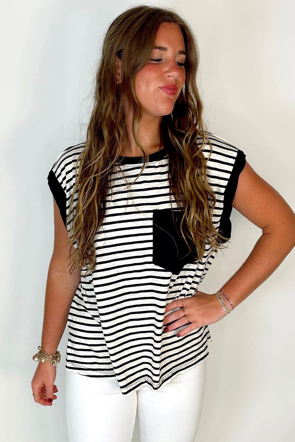 Black Stripe Chest Pocket Patch Round Neck Sleeveless Tee - Cute Clothes for Spring Summer - In Style Chics Boutique Women's Juniors Apparel Online