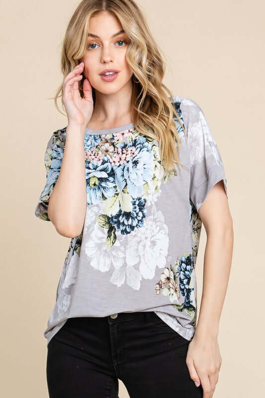 Floral Round Neck Short Sleeve T-Shirt - Cute Clothing Online Women's Juniors Apparel - In Style Chics Boutique