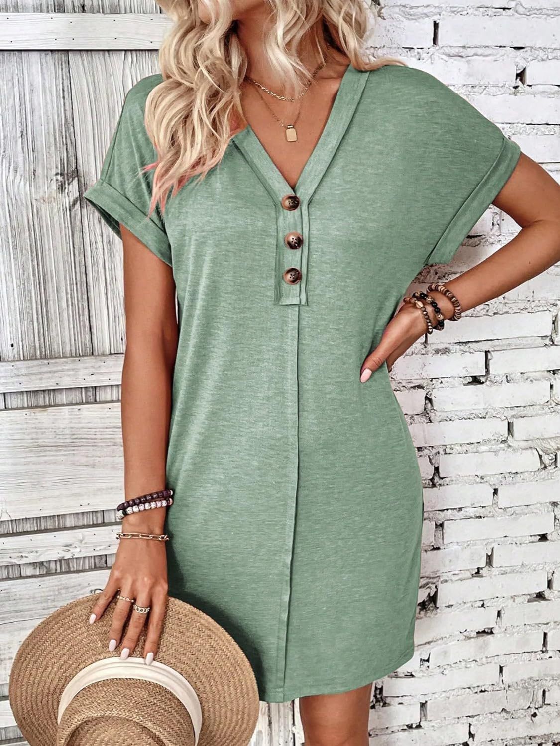 Quarter Button V-Neck Short Sleeve Dress - More Colors! - In Style Chics Boutique LLC