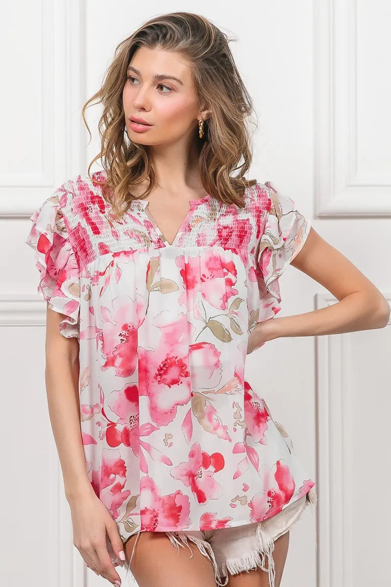 Floral Print Flutter Sheer Top at In Style Chics Boutique