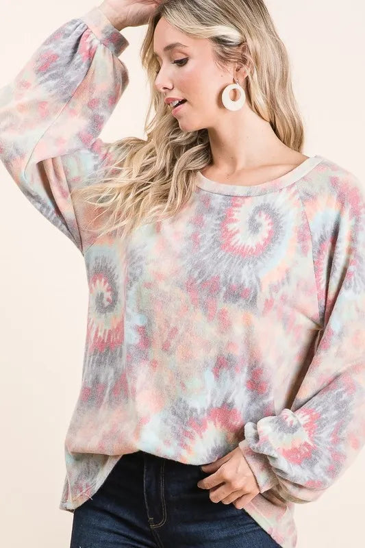 Brushed Tie Dye Print Top with Puff Sleeves at In Style Chics Boutique Fall 2025 Women's Fashion