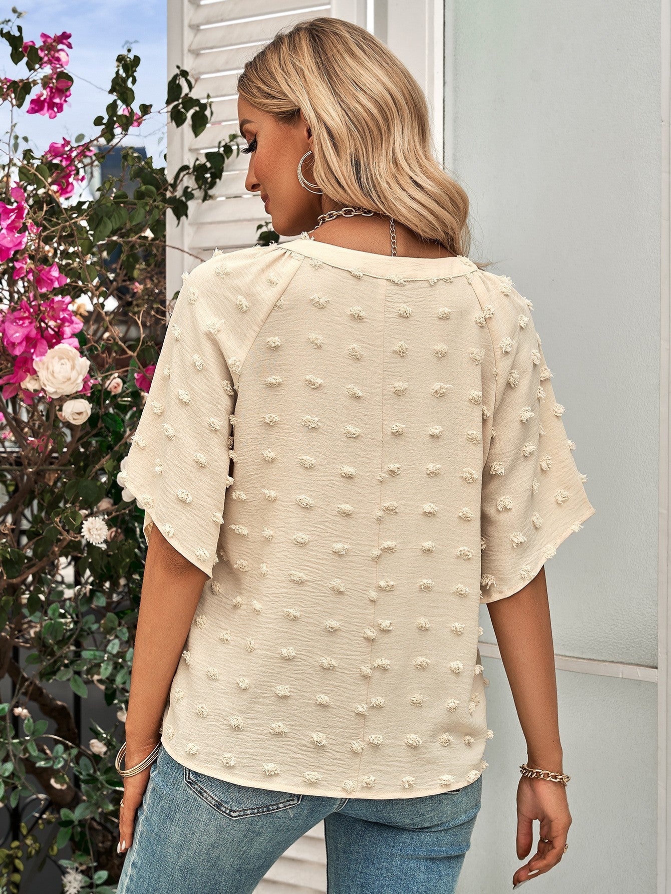 Swiss Dot Notched Neck Flare Sleeve Blouse - In Style Chics Boutique LLC