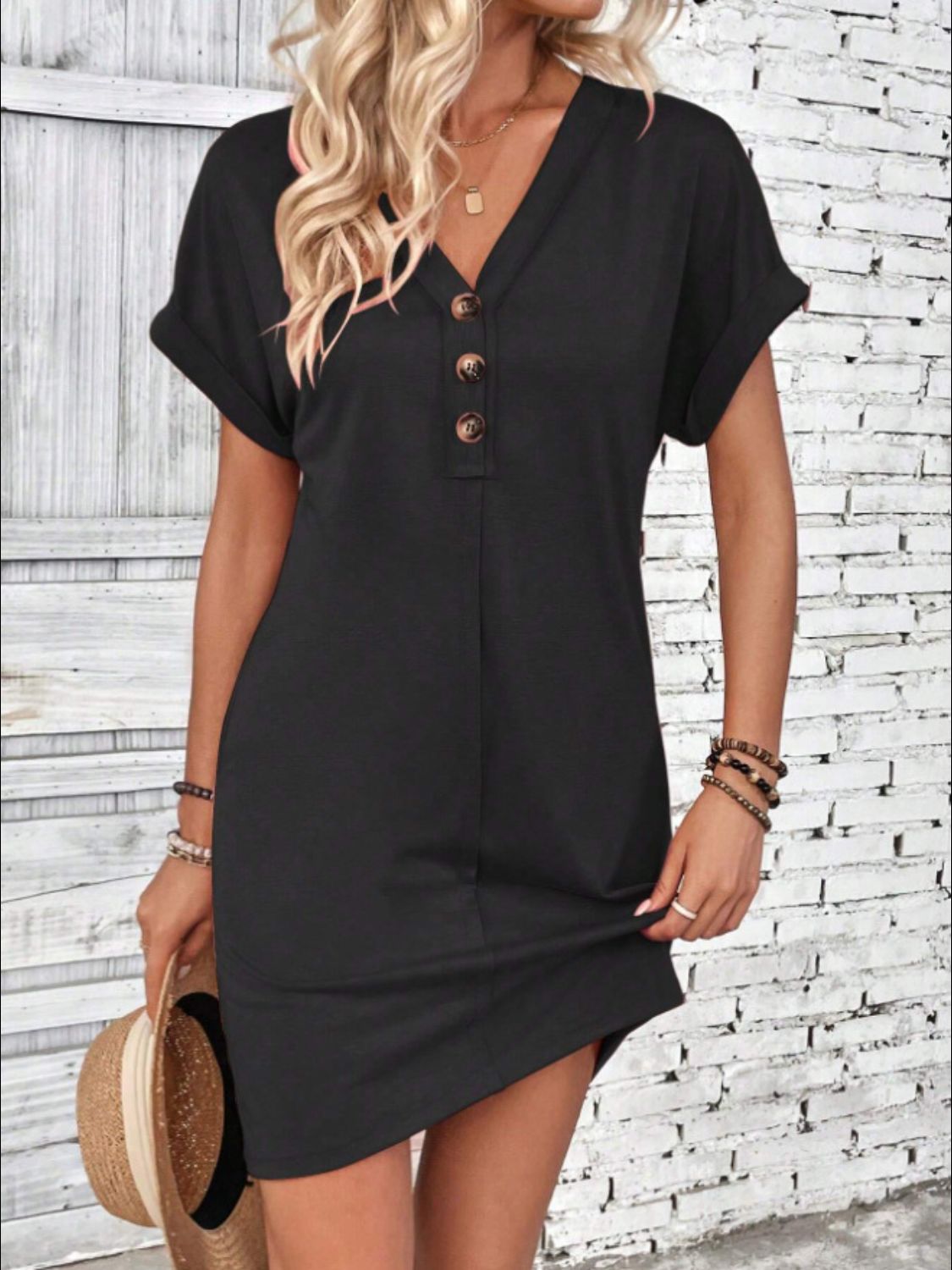 Quarter Button V-Neck Short Sleeve Dress - More Colors! - In Style Chics Boutique LLC