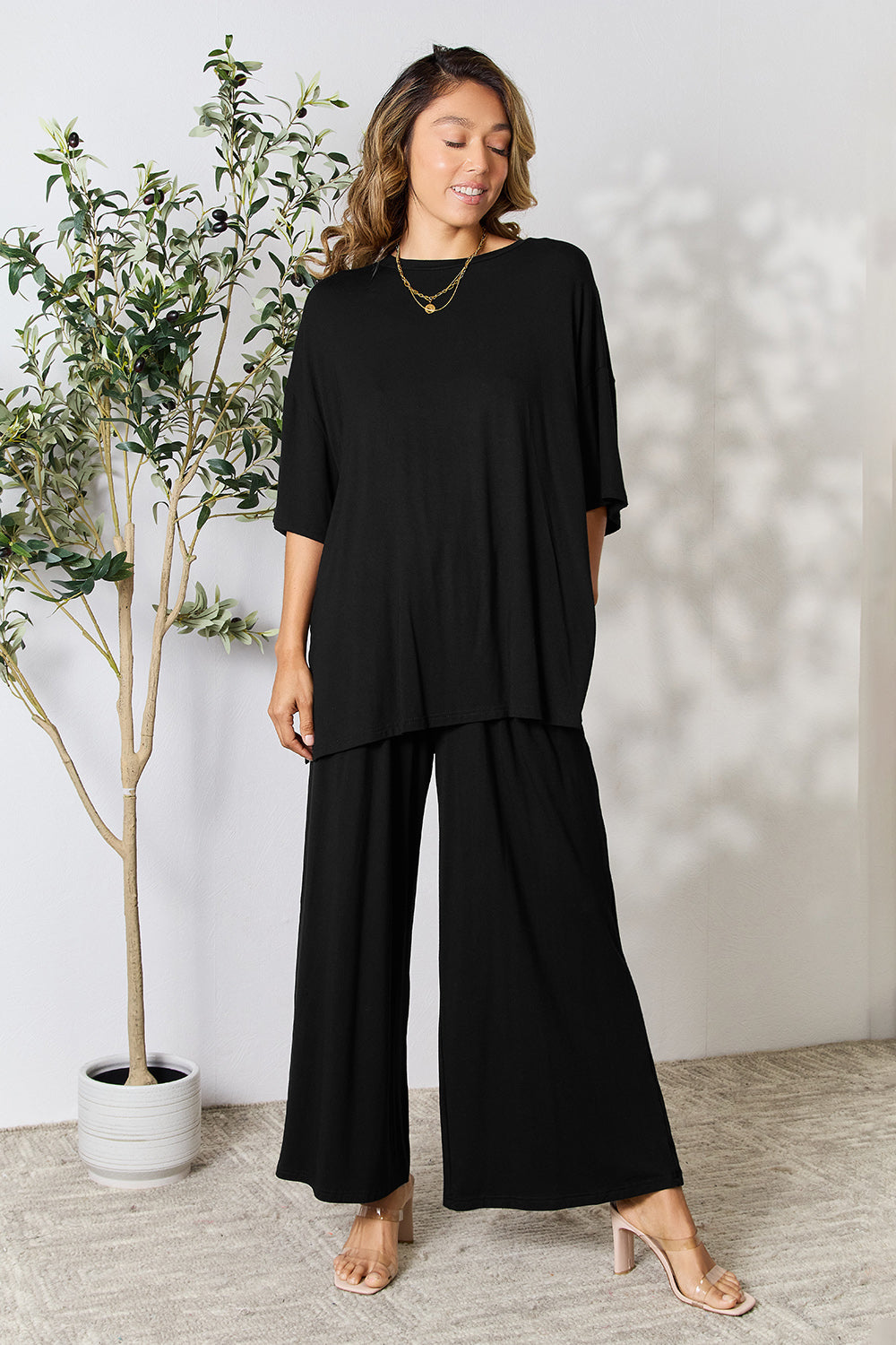 Double Take Round Neck Slit Top and Pants Set - More Colors! - In Style Chics Boutique LLC