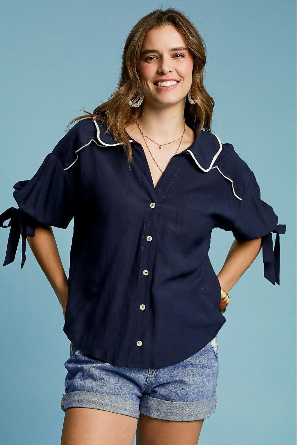 Embroidered Detail Button Down Shirt - In Style Chics Boutique Women's Juniors Plus Size Clothing