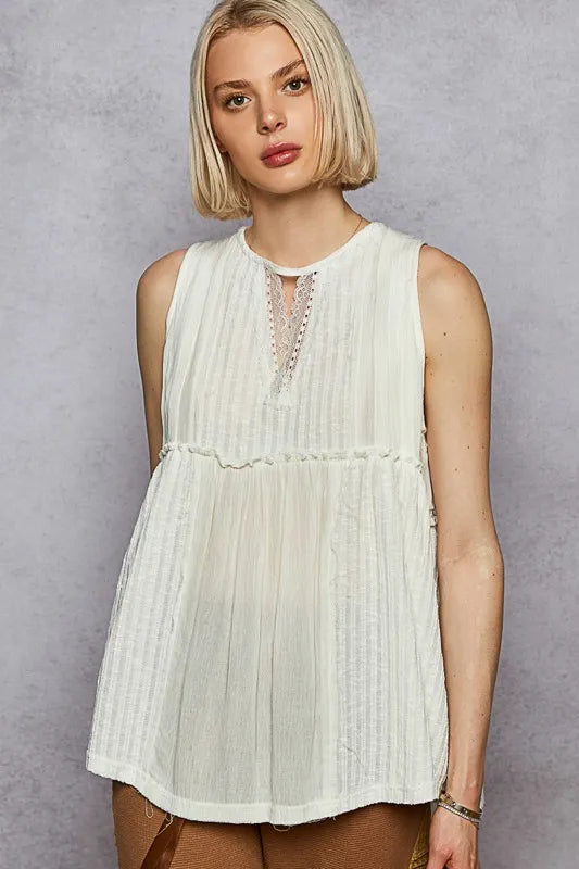 Tank Top with Pintuck Detail, Lace Trim Round Neck - In Style Chics Boutique