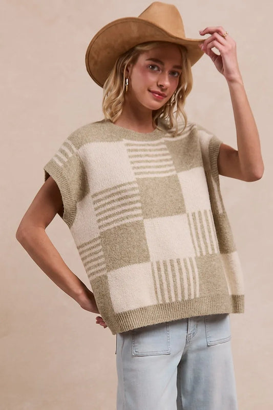 Sleeveless Sweater, Checker With Stripes Pattern - In Style Chics Boutique Women's Juniors Clothes