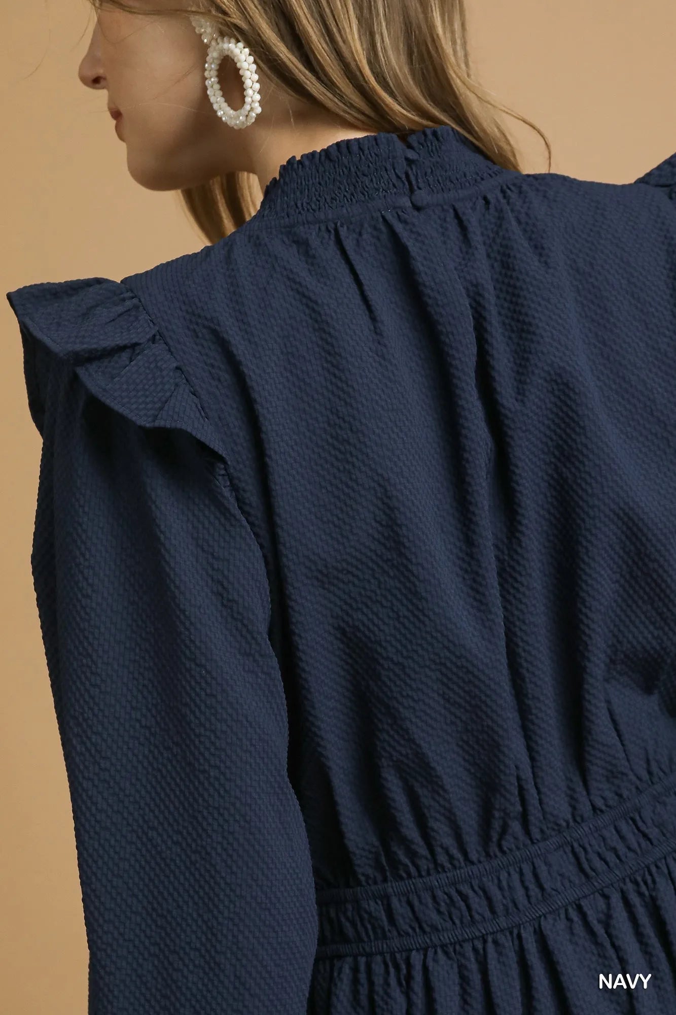 Textured Midi Dress with Ruffle Shoulder Detail at In Style Chics Boutique