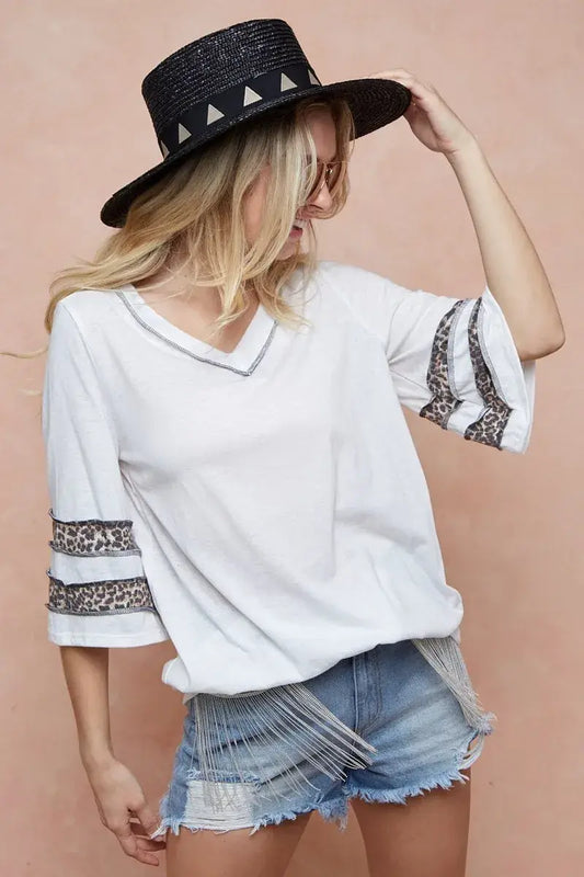 Triblend Knit Top with Leopard Band Detail - Ship from USA - In Style Chics Boutique Women's Juniors Apparel Online