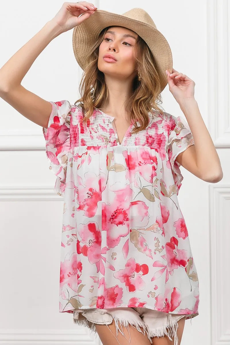 Floral Print Flutter Sheer Top at In Style Chics Boutique