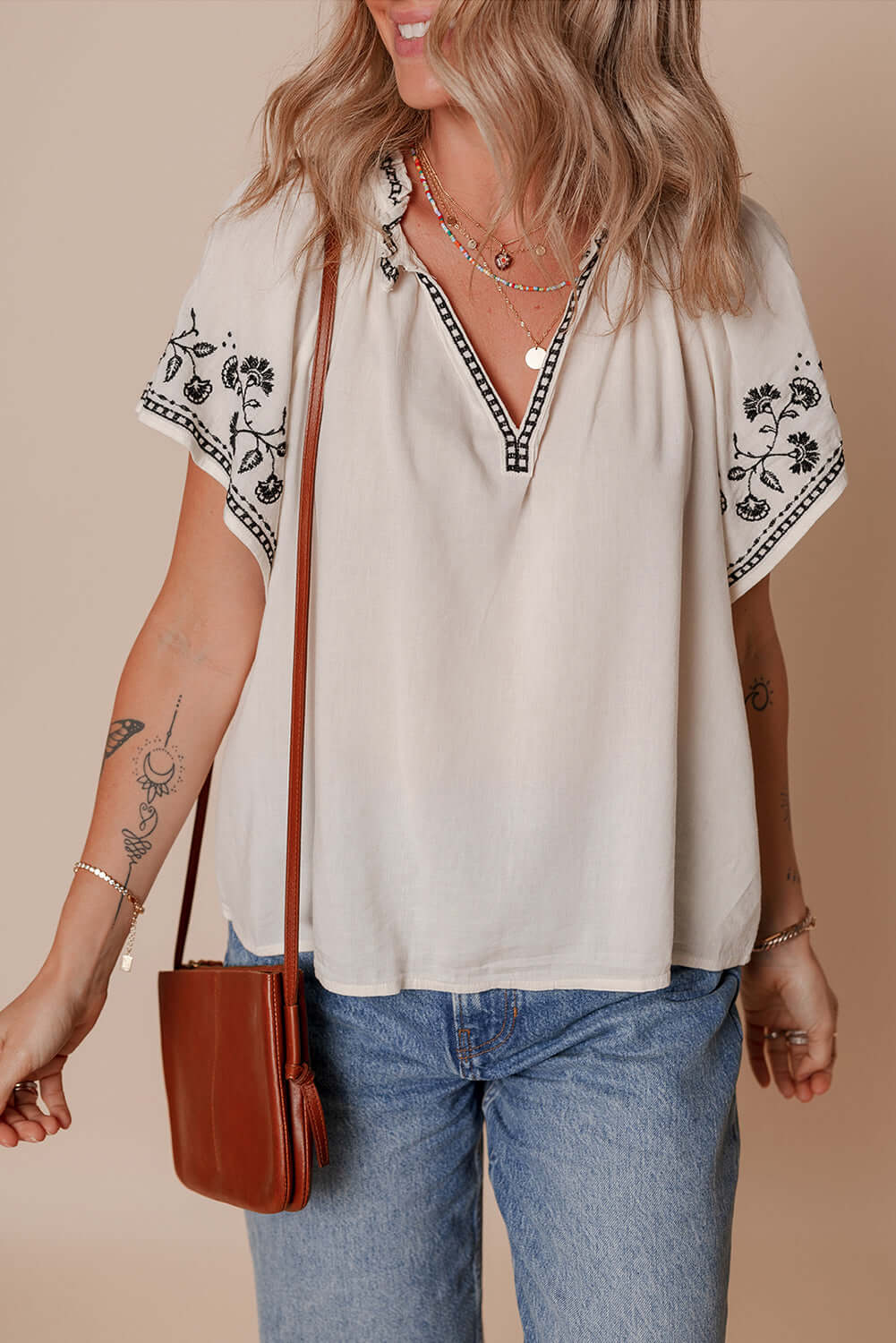 White Floral Embroidered Short Sleeve V Neck Blouse - Cute Clothes Online - In Style Chics Boutique Women's Juniors Apparel