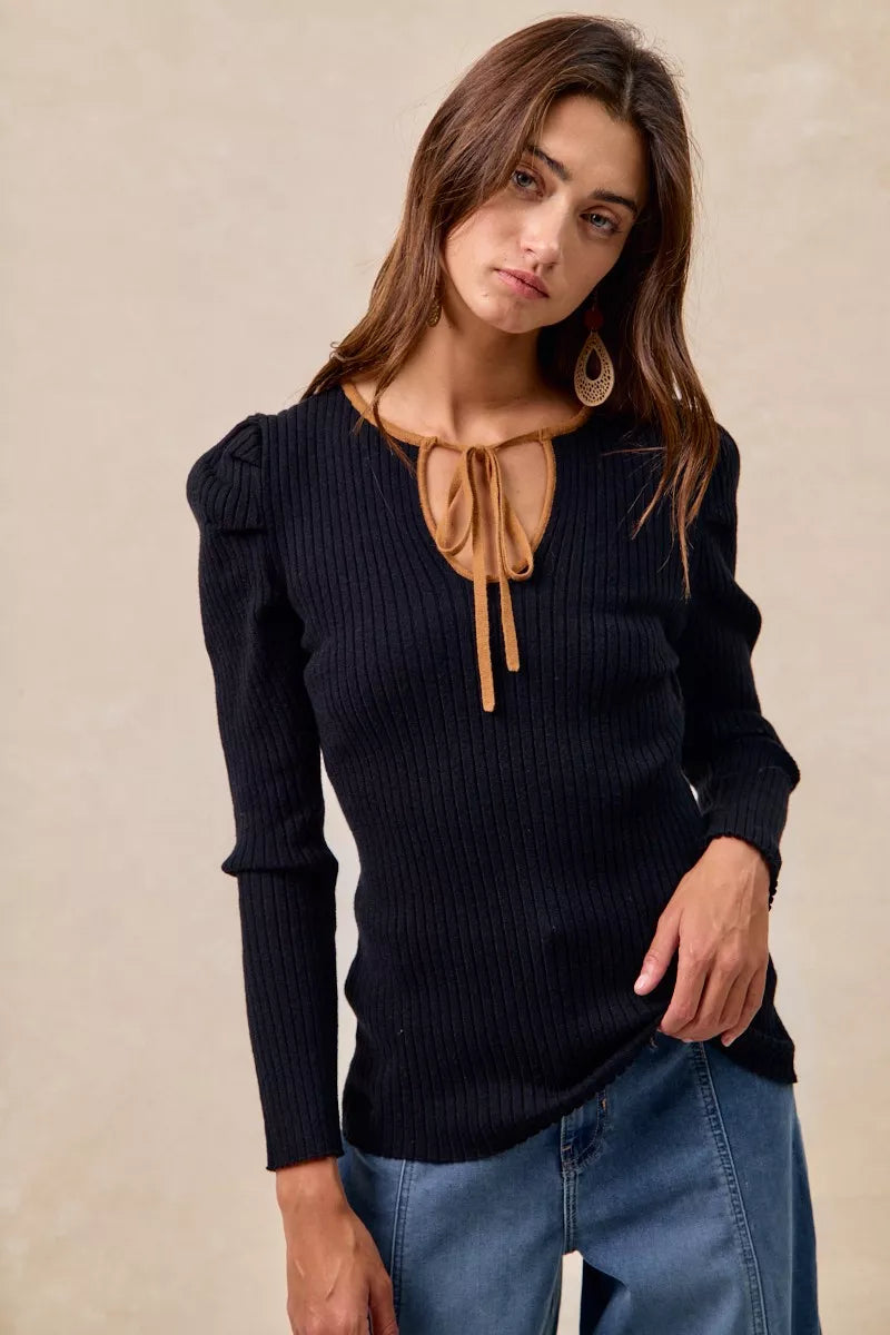 Ribbed Contrast Front Tied 🖤 Top with Shirred Detail at In Style Chics Boutique