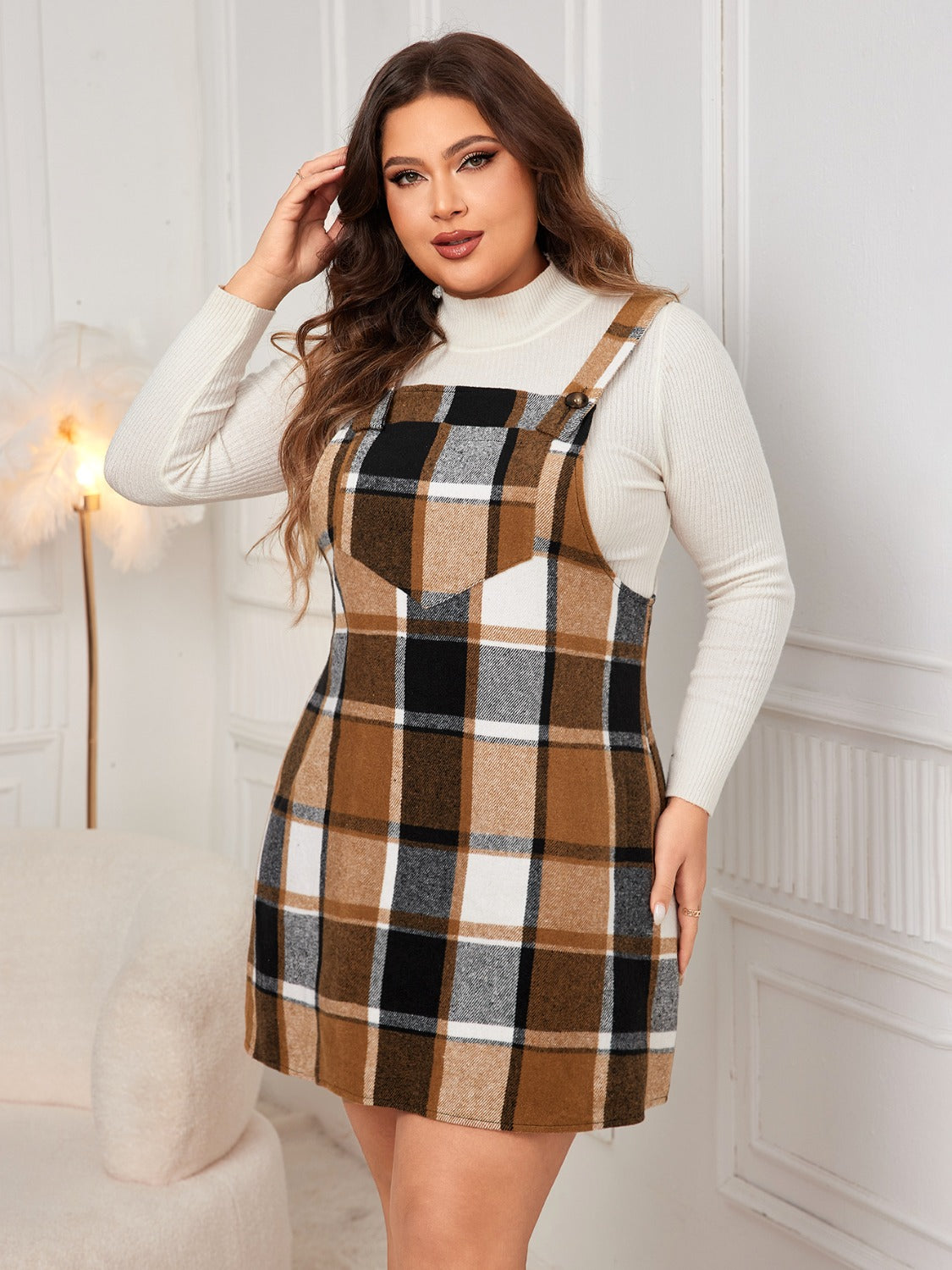 Honey Plus Size Plaid Wide Strap Overall Dress - In Style Chics Boutique LLC