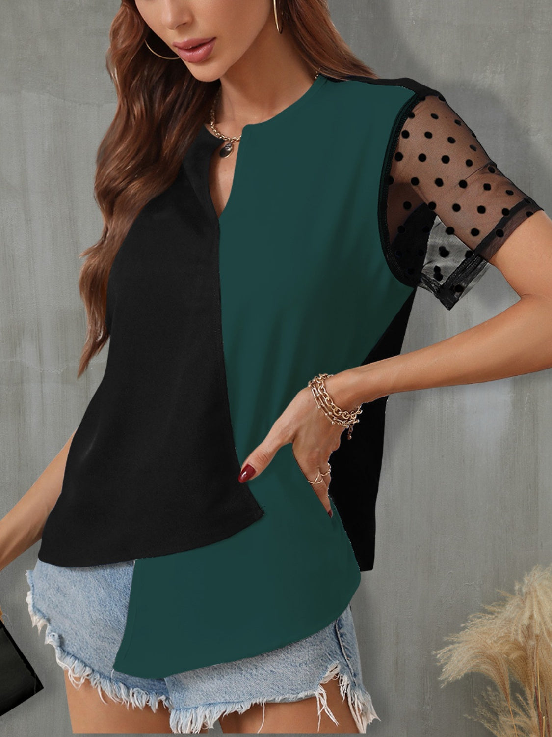 Color Block Notched Short Sleeve T-Shirt - More Colors! - In Style Chics Boutique LLC