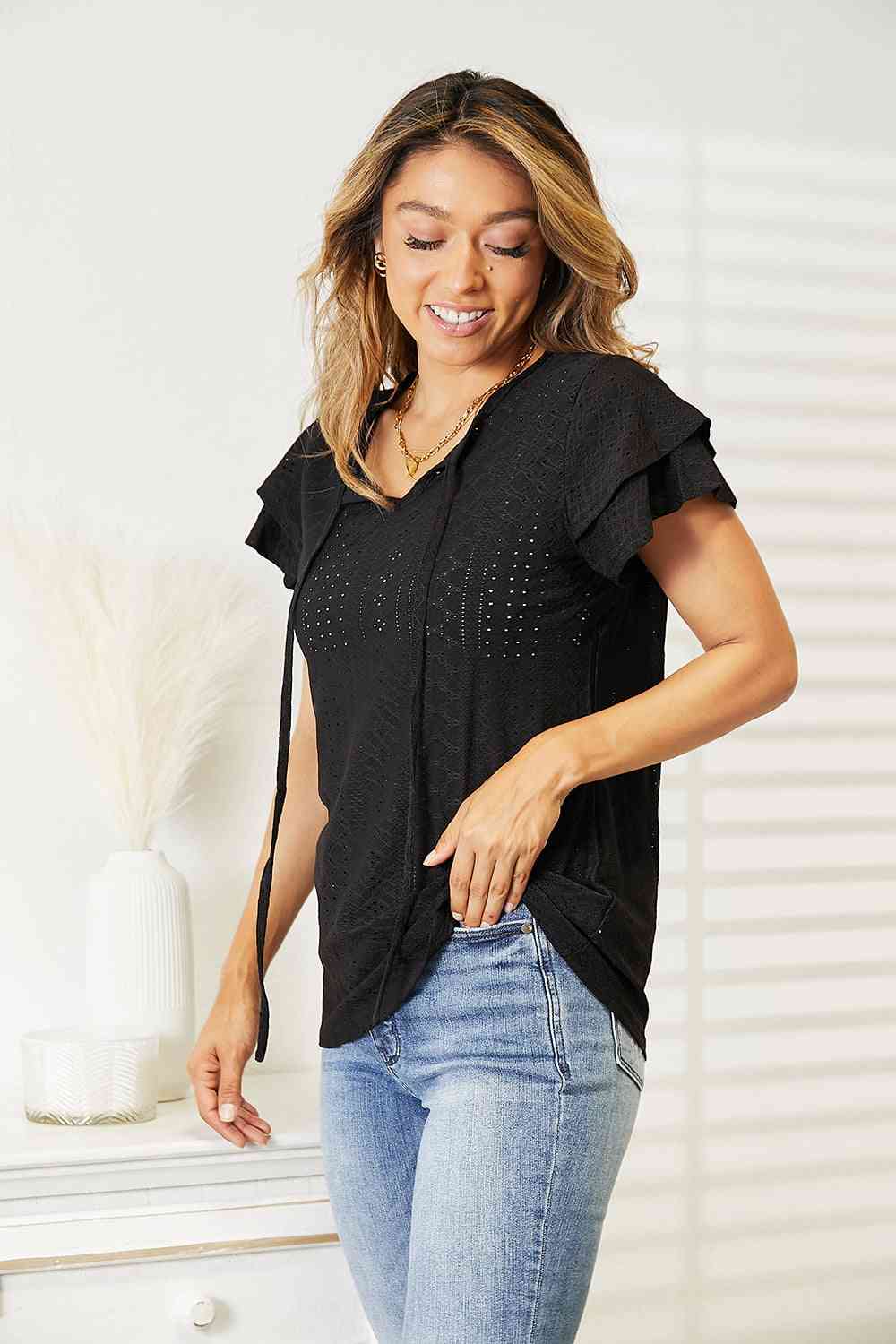 Double Take Eyelet Tie-Neck Flutter Sleeve Blouse - In Style Chics Boutique LLC