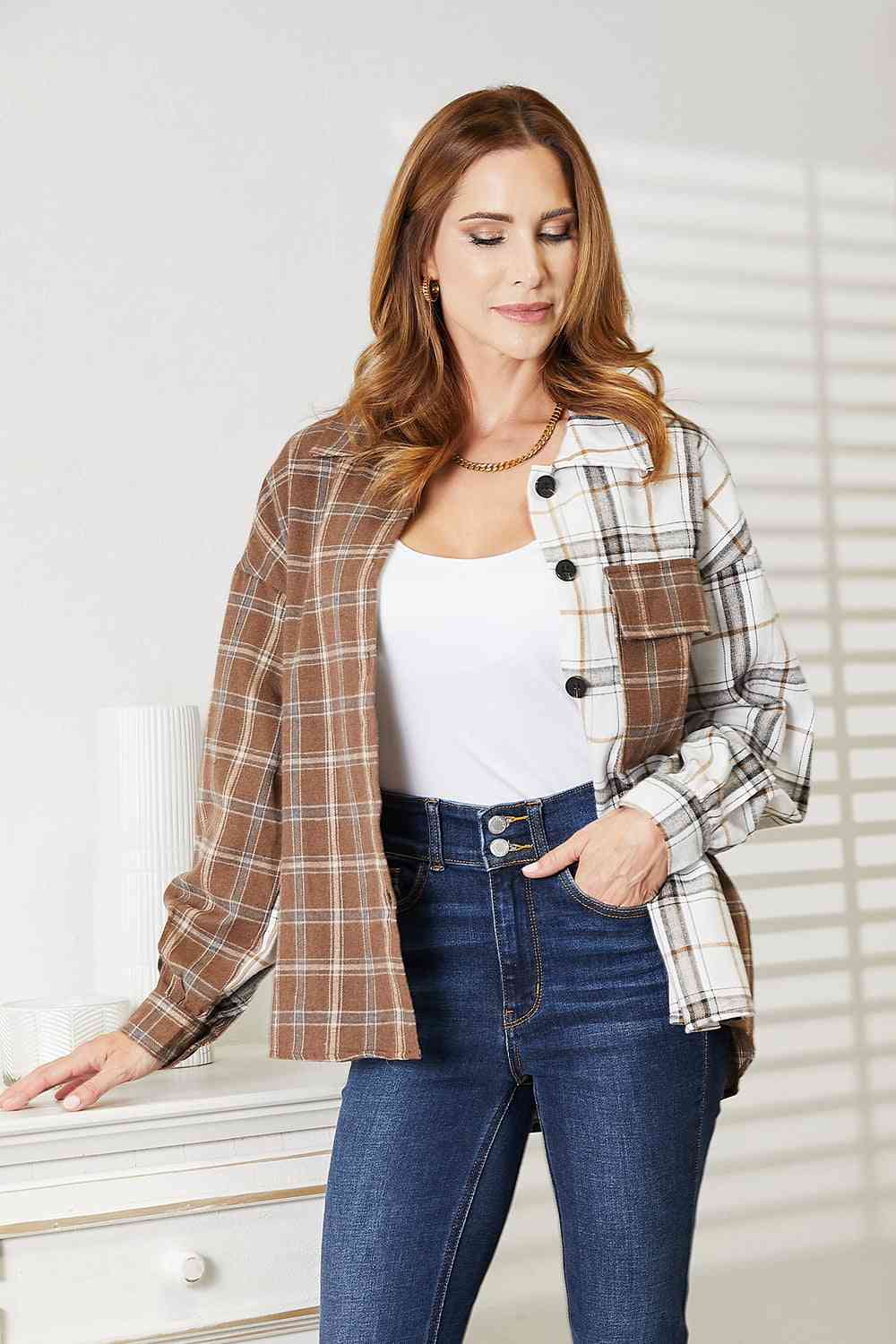 Double Take Plaid Contrast Button Up Shirt Jacket - In Style Chics Boutique LLC