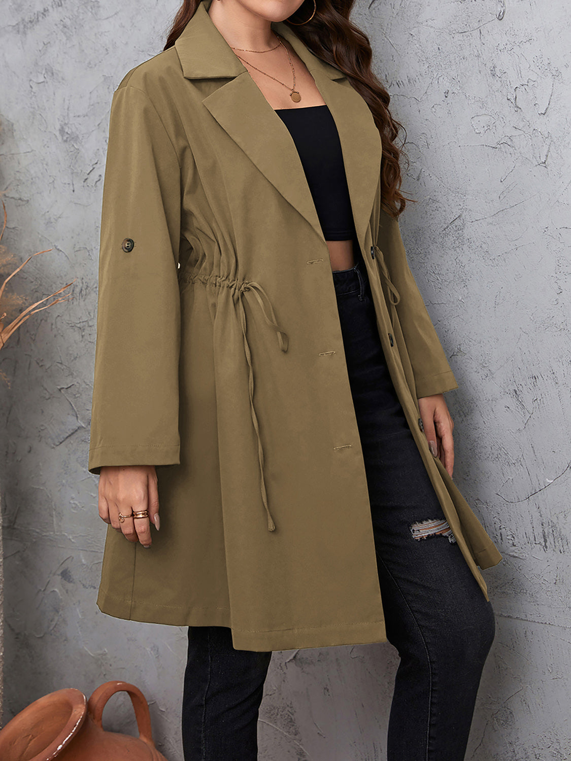 Plus Size Lapel Collar Drawstring Roll-Tab Sleeve Trench Coat - Mocha or Dusty Blue - In Style Chics Boutique LLC