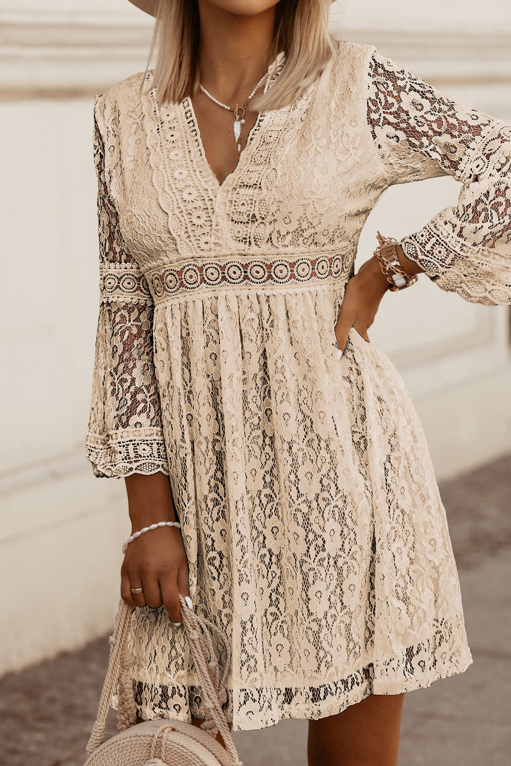 Lace V-Neck Three-Quarter Sleeve Dress - In Style Chics Boutique LLC