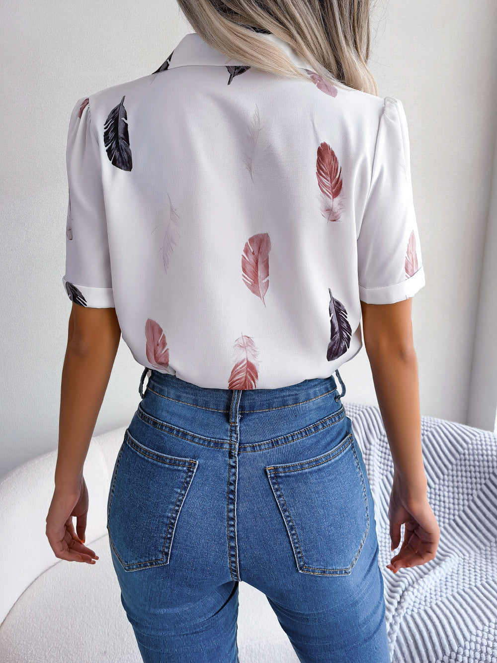 Feather Print Lapel Collar Puff Sleeve Shirt - More Colors! - In Style Chics Boutique LLC