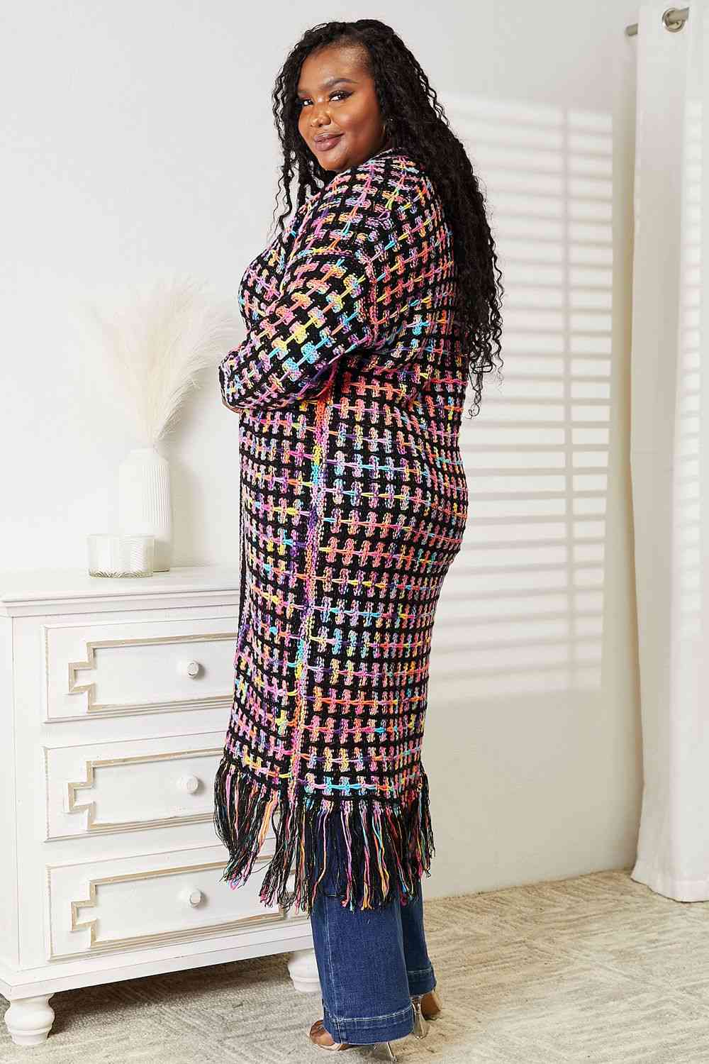 Double Take Full Size Multicolored Open Front Fringe Hem Cardigan - In Style Chics Boutique LLC