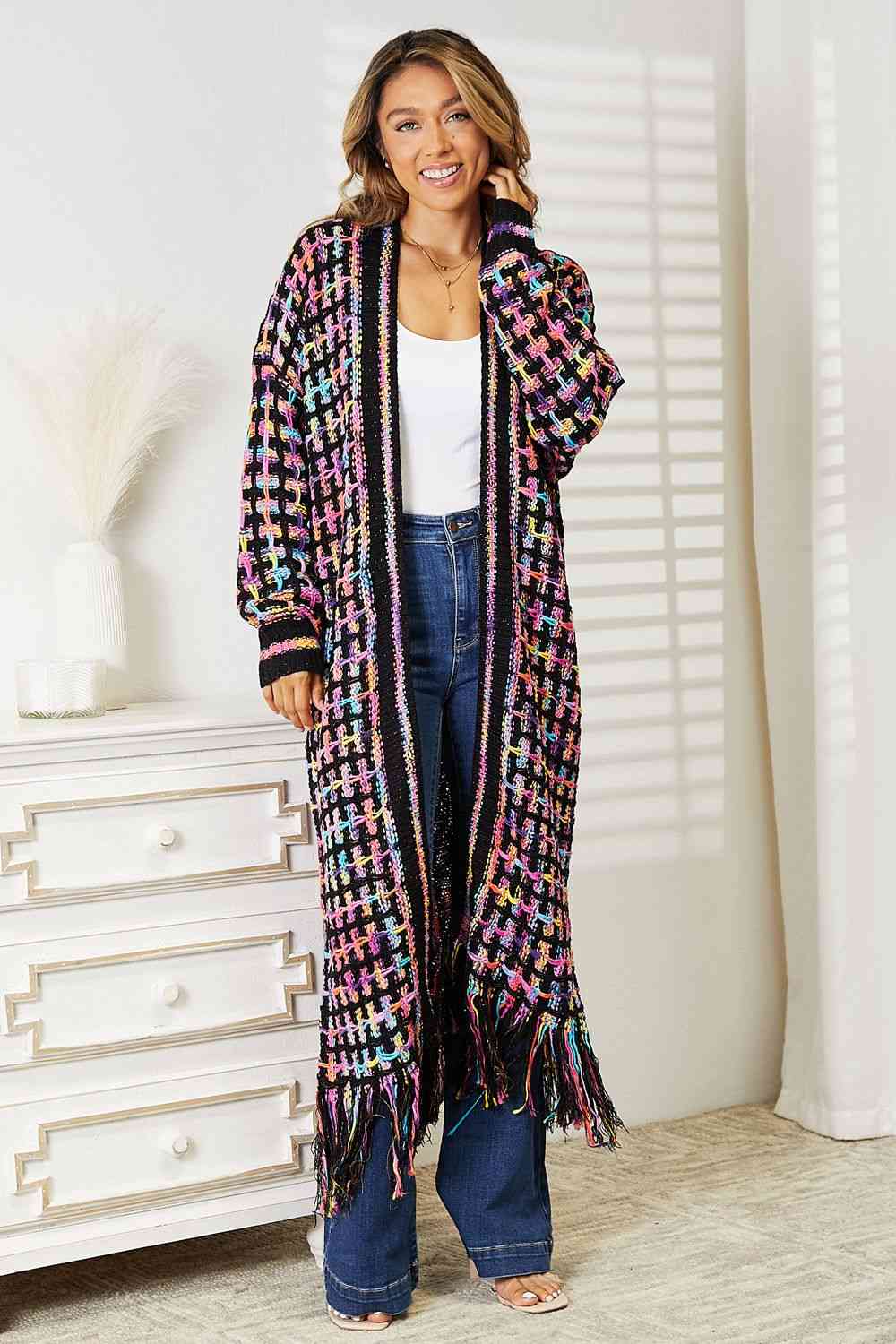 Double Take Full Size Multicolored Open Front Fringe Hem Cardigan - In Style Chics Boutique LLC